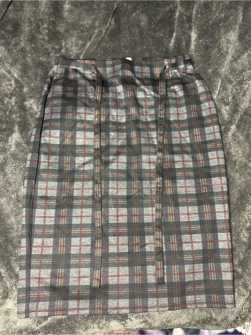 Plaid Pencil Skirt in Gray with Brown and Red Accents